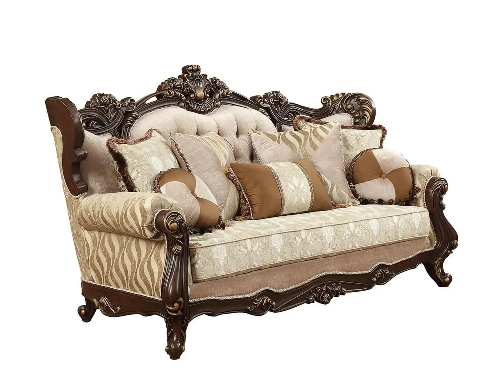 42" Beige Polyester Blend Curved Damask Sofa And Toss Pillows With Brown Legs - Homeroots - Flyclothing LLC