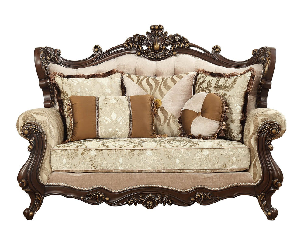 70" Beige and Brown And Brown Damask Loveseat and Toss Pillows - Homeroots - Flyclothing LLC