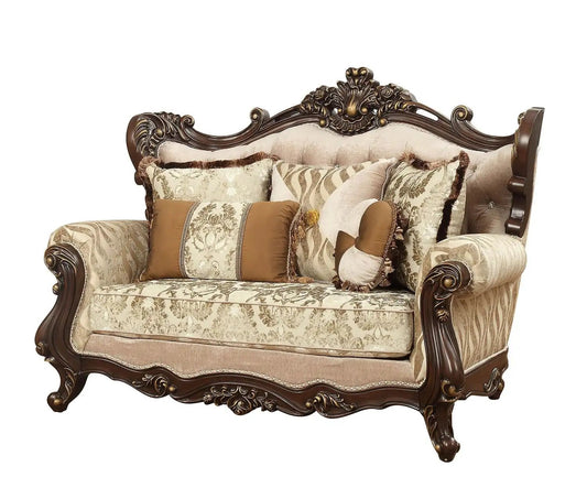 70" Beige and Brown And Brown Damask Loveseat and Toss Pillows - Homeroots