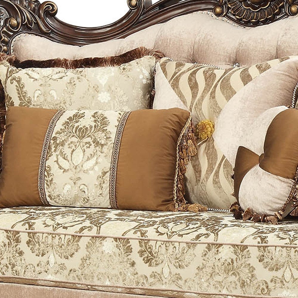 70" Beige and Brown And Brown Damask Loveseat and Toss Pillows - Homeroots - Flyclothing LLC