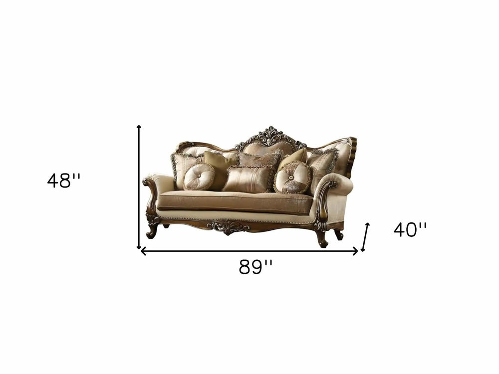 89" Tan Polyester Blend Curved Floral Sofa And Toss Pillows With Brown Legs - Homeroots - Flyclothing LLC