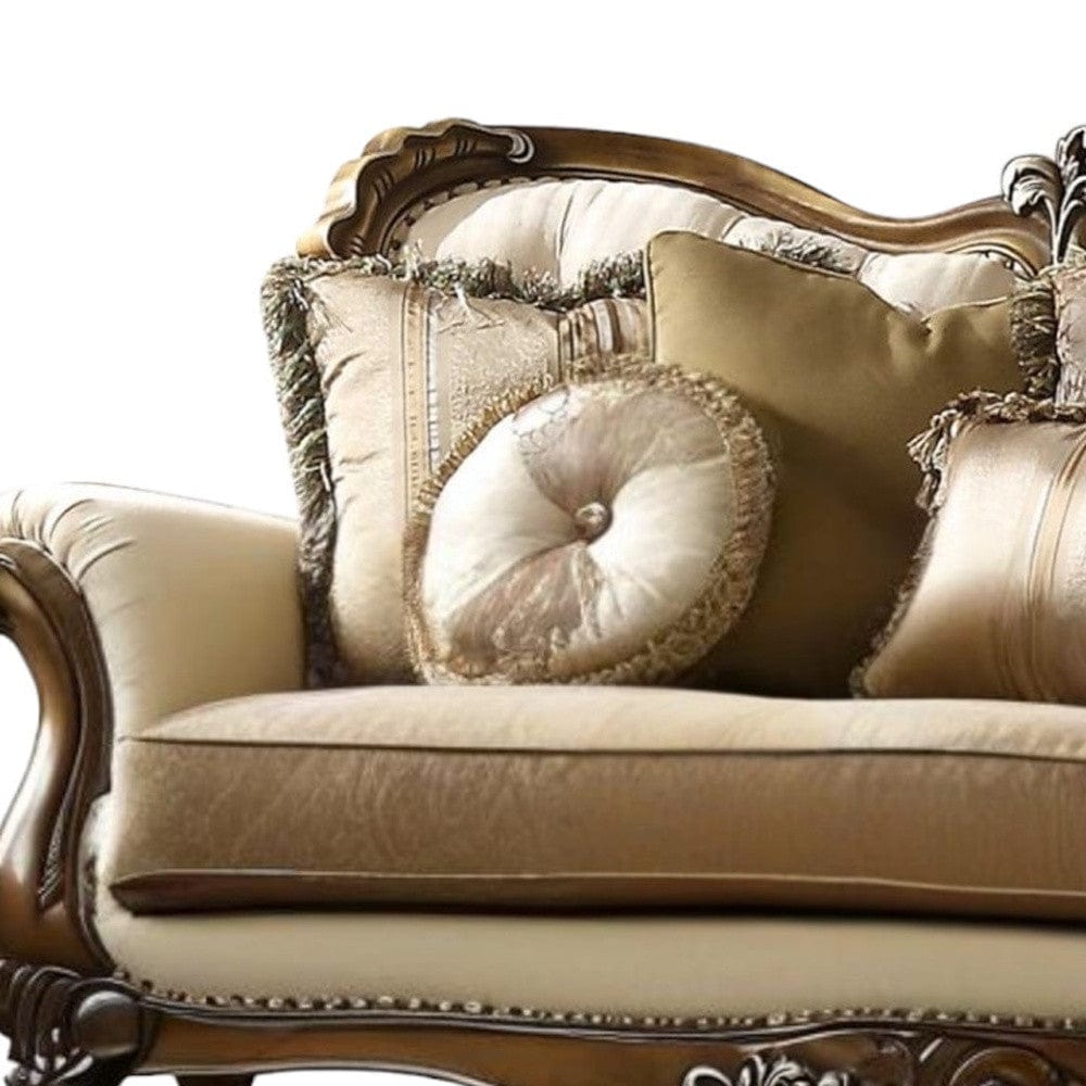 89" Tan Polyester Blend Curved Floral Sofa And Toss Pillows With Brown Legs - Homeroots - Flyclothing LLC