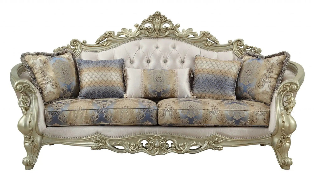 40" Antiqued White Velvet Curved Floral Sofa And Toss Pillows With Champagne Legs - Homeroots - Flyclothing LLC