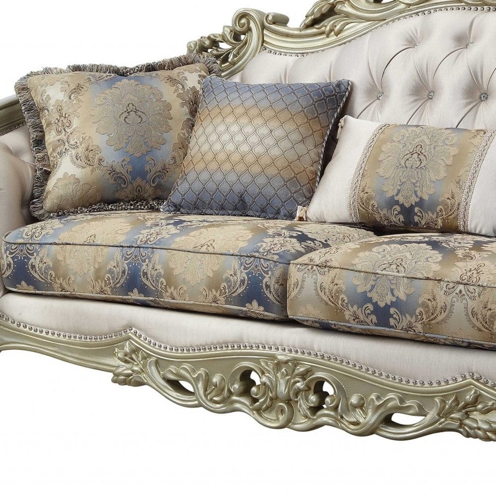 40" Antiqued White Velvet Curved Floral Sofa And Toss Pillows With Champagne Legs - Homeroots - Flyclothing LLC