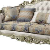 40" Antiqued White Velvet Curved Floral Sofa And Toss Pillows With Champagne Legs - Homeroots - Flyclothing LLC