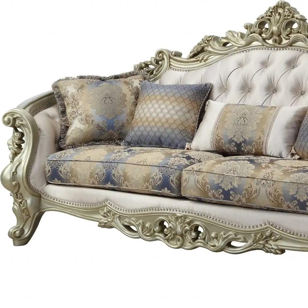 40" Antiqued White Velvet Curved Floral Sofa And Toss Pillows With Champagne Legs - Homeroots - Flyclothing LLC