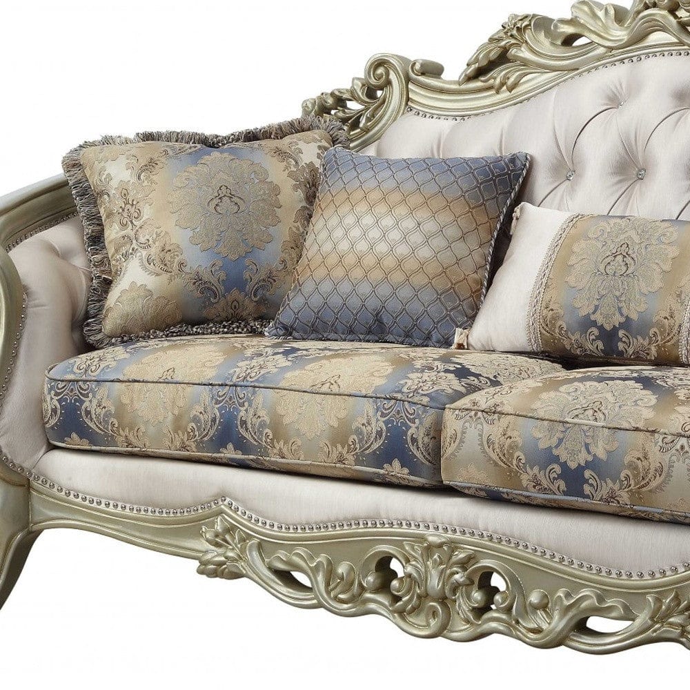40" Antiqued White Velvet Curved Floral Sofa And Toss Pillows With Champagne Legs - Homeroots - Flyclothing LLC