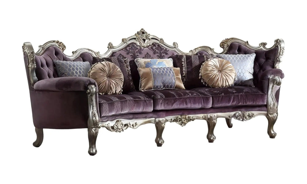 52" Dark Purple Velvet Curved Striped Sofa And Toss Pillows With Platinum Legs - Homeroots - Flyclothing LLC