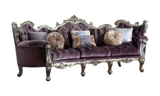 52" Dark Purple Velvet Curved Striped Sofa And Toss Pillows With Platinum Legs - Homeroots