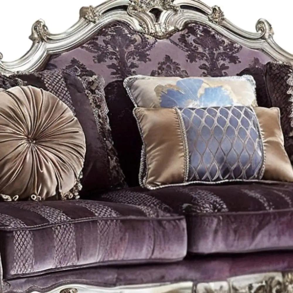 52" Dark Purple Velvet Curved Striped Sofa And Toss Pillows With Platinum Legs - Homeroots - Flyclothing LLC
