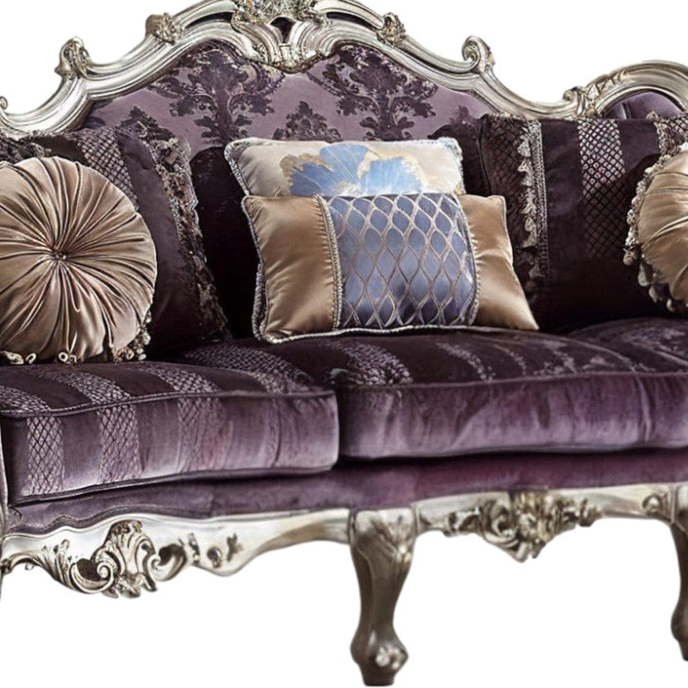 52" Dark Purple Velvet Curved Striped Sofa And Toss Pillows With Platinum Legs - Homeroots - Flyclothing LLC