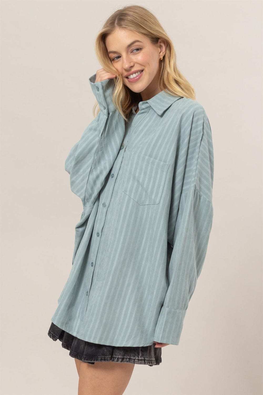 HYFVE Stripe Button Down Long Sleeve Oversized Shirt - Trendsi - Flyclothing LLC