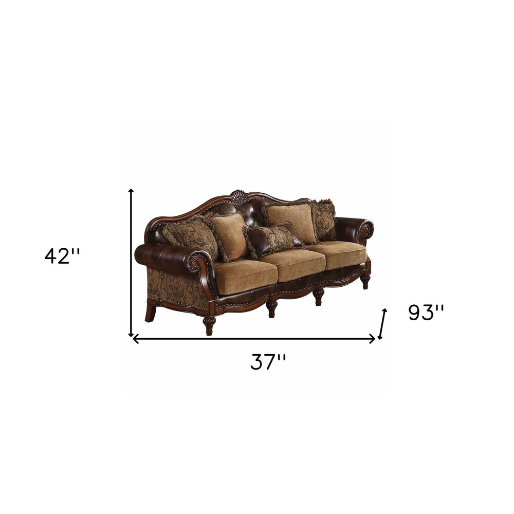 37" Brown Faux Leather and Chenille Sofa And Toss Pillows With Dark Brown Legs - Homeroots - Flyclothing LLC