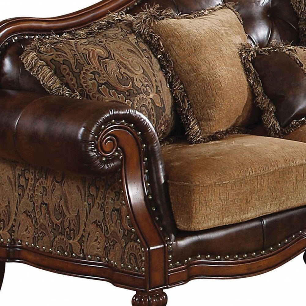 37" Brown Faux Leather and Chenille Sofa And Toss Pillows With Dark Brown Legs - Homeroots - Flyclothing LLC