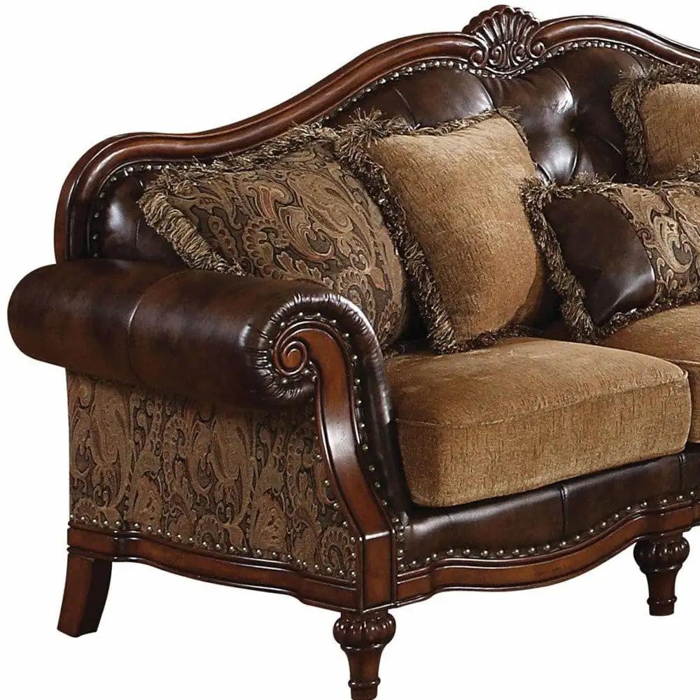 37" Brown Faux Leather and Chenille Sofa And Toss Pillows With Dark Brown Legs - Homeroots - Flyclothing LLC
