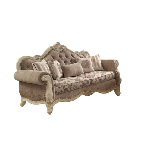 35" Gray Velvet Floral Sofa And Toss Pillows With Beige Legs - Homeroots