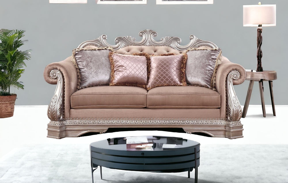 80" Champagne Velour Loveseat and Toss Pillows - Homeroots - Flyclothing LLC