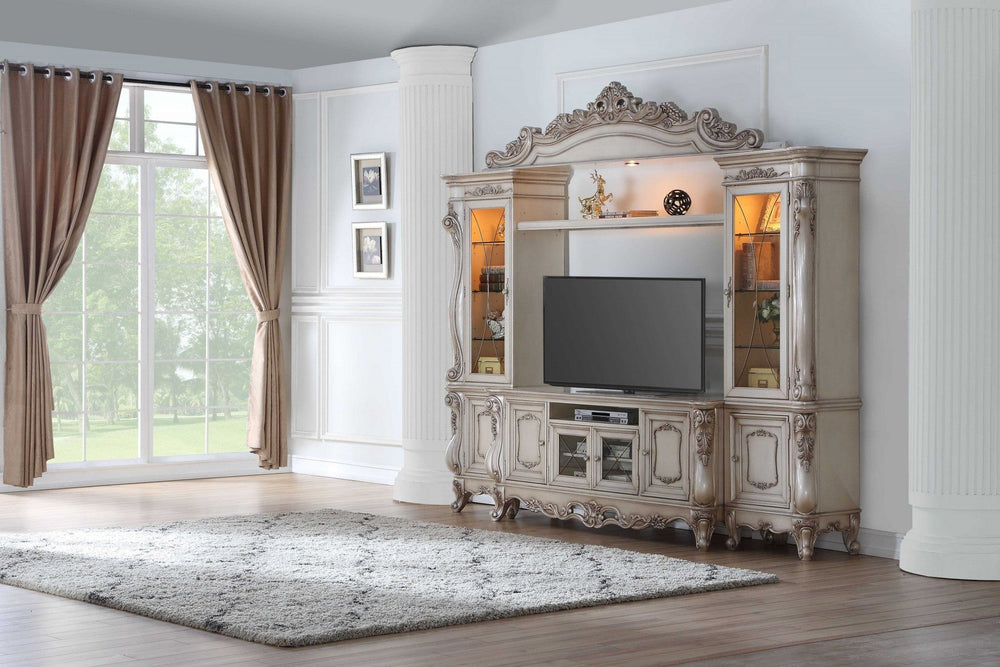 25" X 117" X 101" Antique White Wood Glass Poly-Resin Entertainment Center - Homeroots - Flyclothing LLC