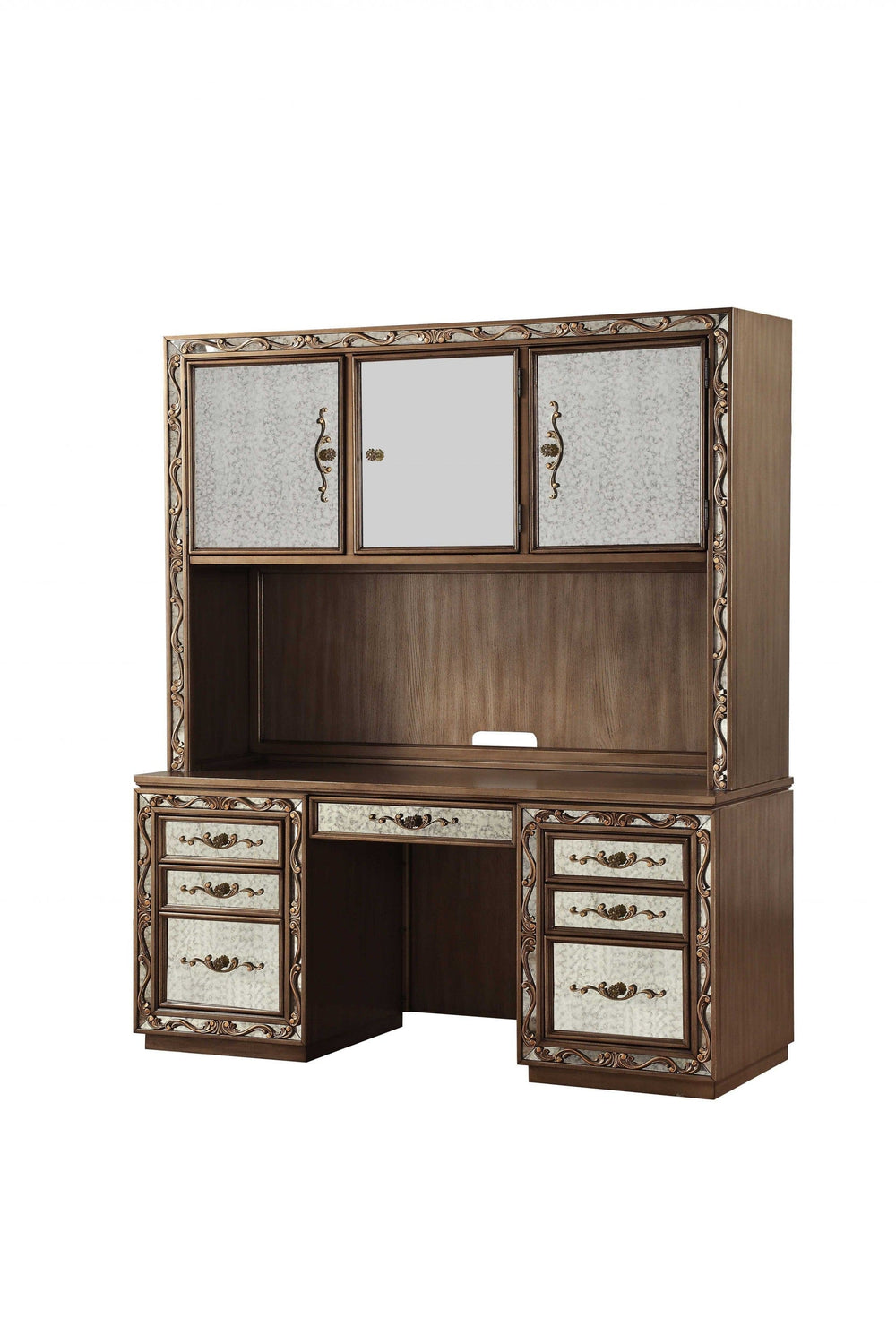66" Gold Mirrored Computer Desk With Hutch With Three Cabinets Seven Drawers - Homeroots - Flyclothing LLC