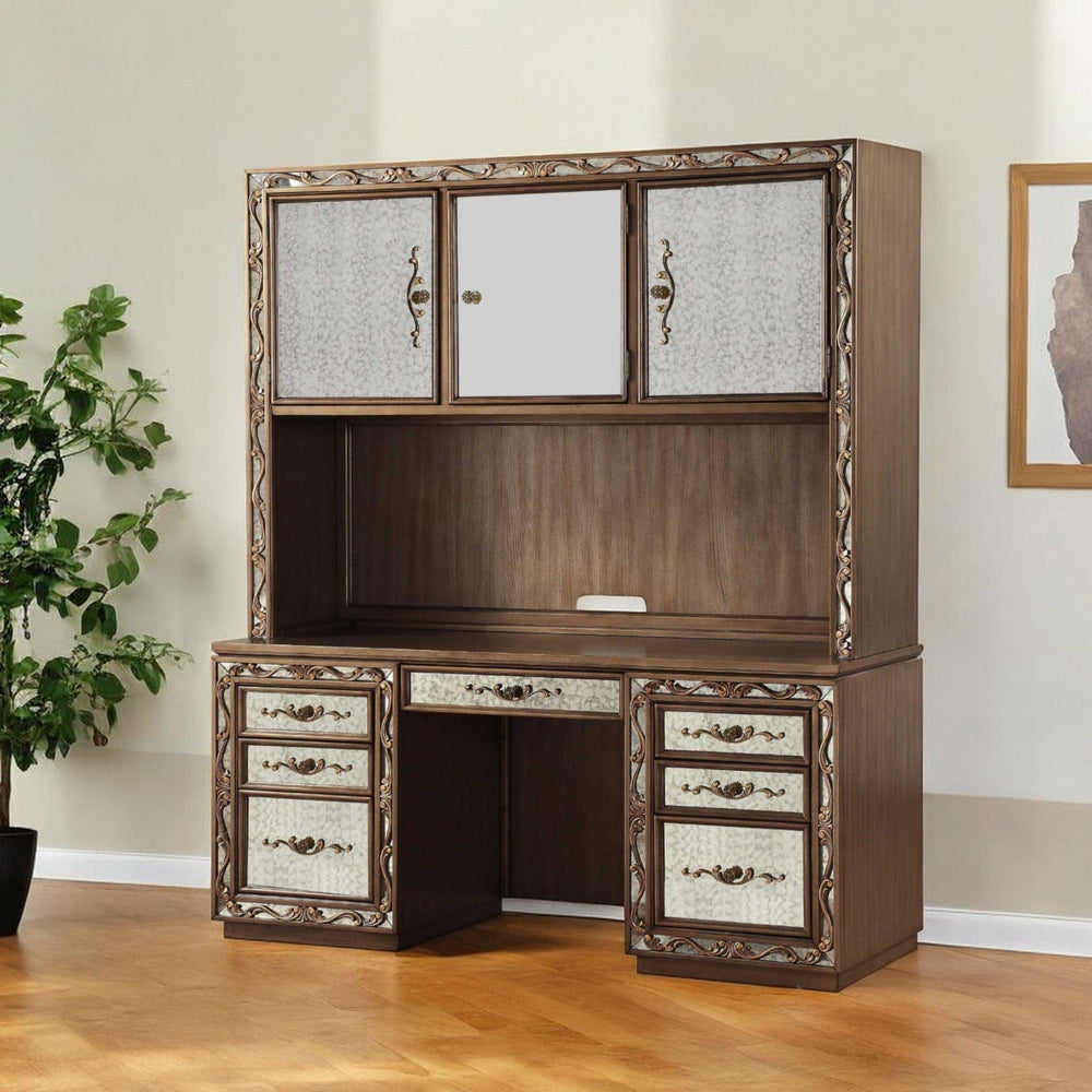 66" Gold Mirrored Computer Desk With Hutch With Three Cabinets Seven Drawers - Homeroots - Flyclothing LLC