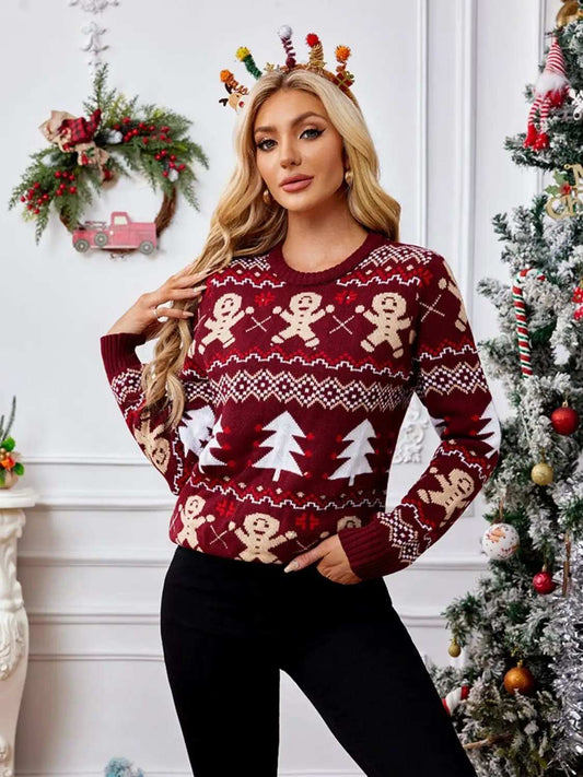Gingerbread Round Neck Long Sleeve Sweater - Trendsi - Flyclothing LLC