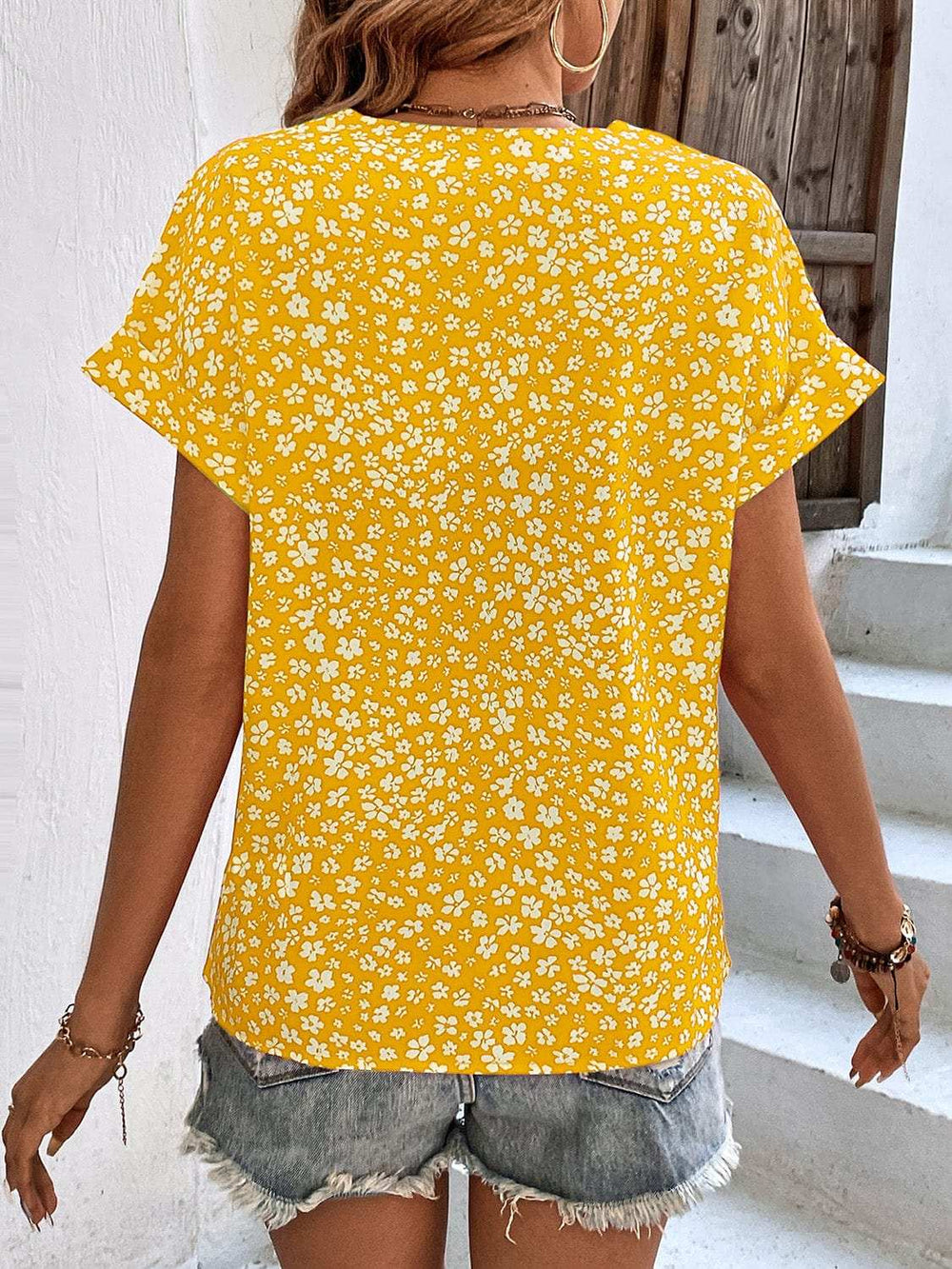 Printed V-Neck Short Sleeve Blouse - Trendsi - Flyclothing LLC