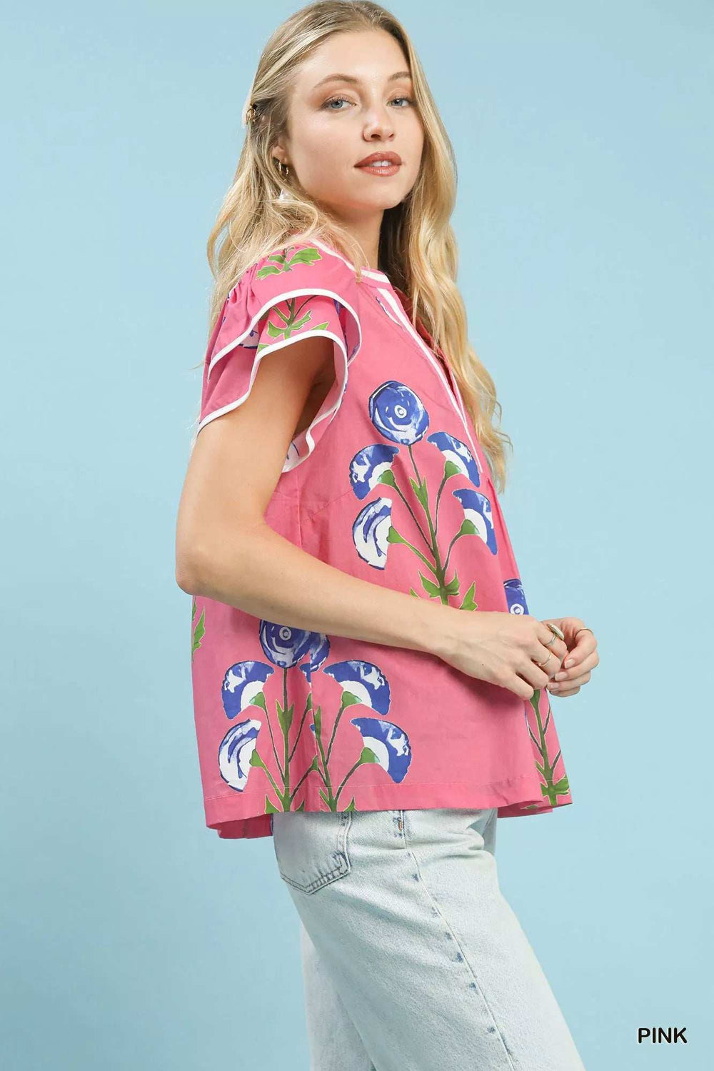 Umgee Blossom Meadow Print Blouse with Contrast Trim - Trendsi - Flyclothing LLC