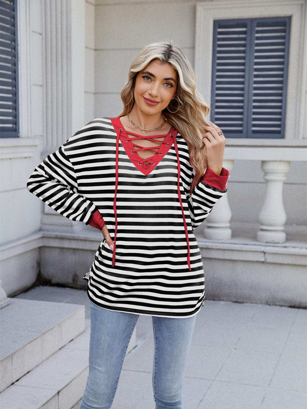 Lace-Up Striped Long Sleeve T-Shirt - Trendsi - Flyclothing LLC