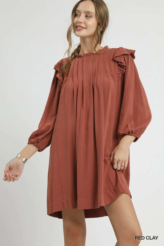 Umgee Linen Ruffle Shoulder Pleated Babydoll Dress - Trendsi - Flyclothing LLC
