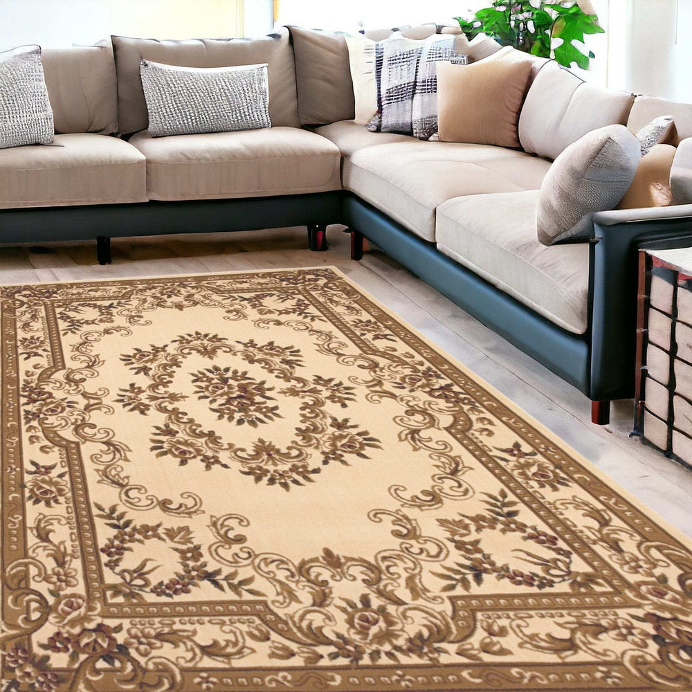 8' X 11' Ivory Machine Woven Hand Carved Floral Medallion Indoor Area Rug - Homeroots - Flyclothing LLC
