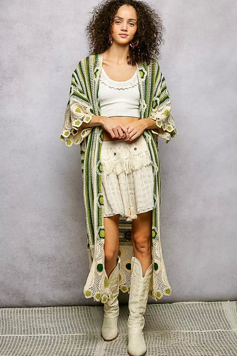 POL Striped and Floral Pattern Crochet Longline Cardigan - Trendsi - Flyclothing LLC