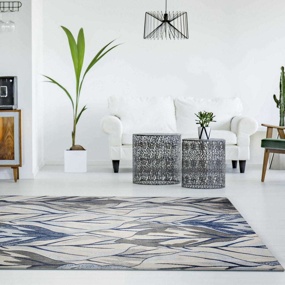 8' X 11' Grey Navy Machine Woven Oversized Leaves Indoor Area Rug - Homeroots - Flyclothing LLC