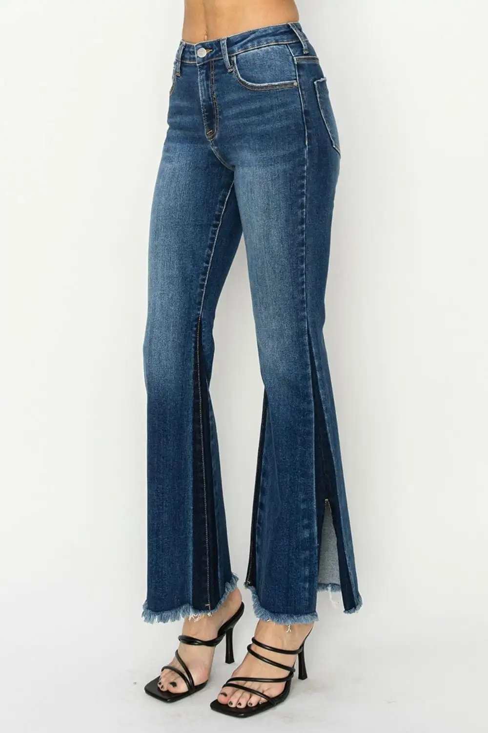 RISEN Full Size High Rise Side Shadow Seam Detail Slit Flare Jeans - Trendsi - Flyclothing LLC