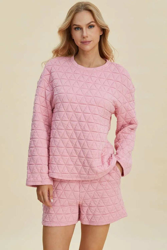 Double Take Full Size Texture Round Neck Long Sleeve Top and Shorts Set - Trendsi - Flyclothing LLC