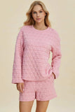 Double Take Full Size Texture Round Neck Long Sleeve Top and Shorts Set - Trendsi - Flyclothing LLC