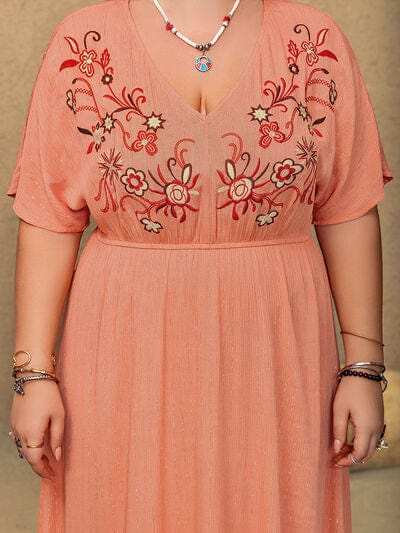 Plus Size Frill Embroidered V-Neck Half Sleeve Maxi Dress - Trendsi - Flyclothing LLC