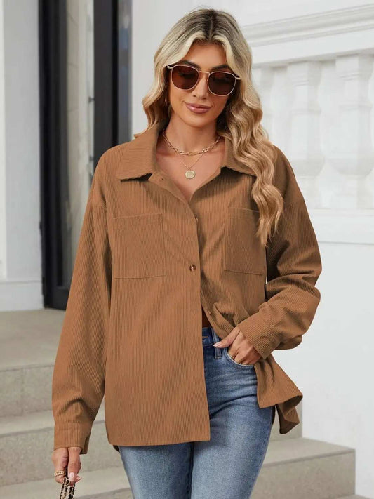 Button Up Dropped Shoulder Long Sleeve Outerwear - Trendsi - Flyclothing LLC