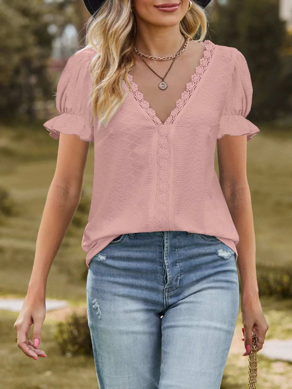 Lace Trim V-Neck Puff Sleeve Blouse - Trendsi - Flyclothing LLC