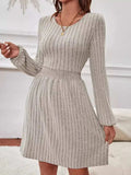 Smocked Round Neck Long Sleeve Knee Length Dress - Trendsi - Flyclothing LLC