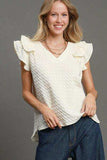 Umgee Full Size Textured Jacquard V-Neck Ruffle Cap Sleeve Blouse Plus Size - Trendsi - Flyclothing LLC