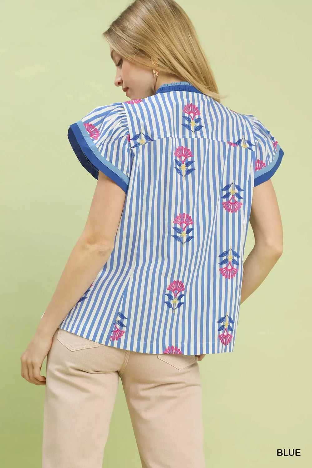 Umgee Embroidered Striped Flutter Sleeve Top - Trendsi - Flyclothing LLC