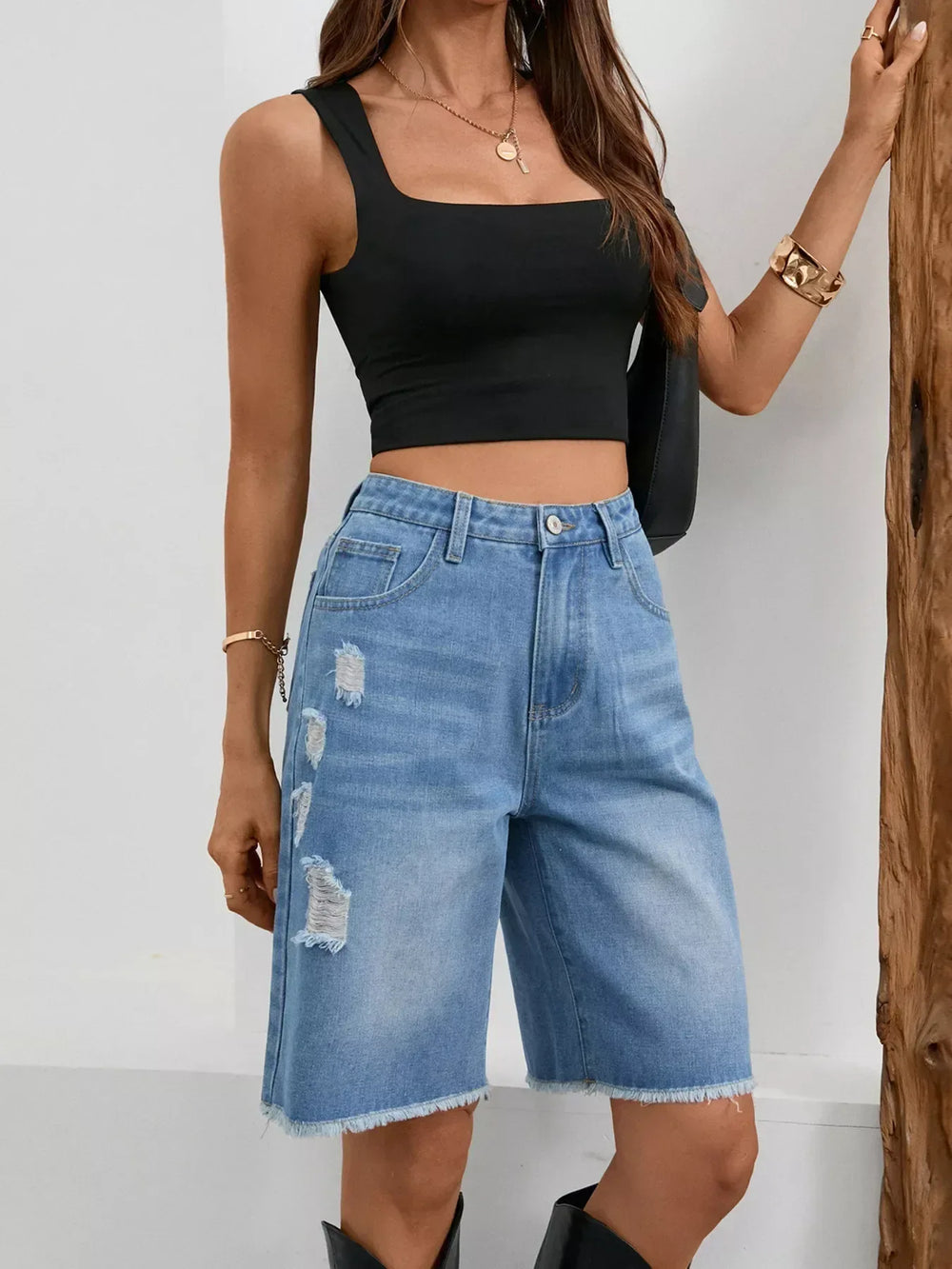 Ripped Frayed Hem Denim Shorts - Trendsi - Flyclothing LLC