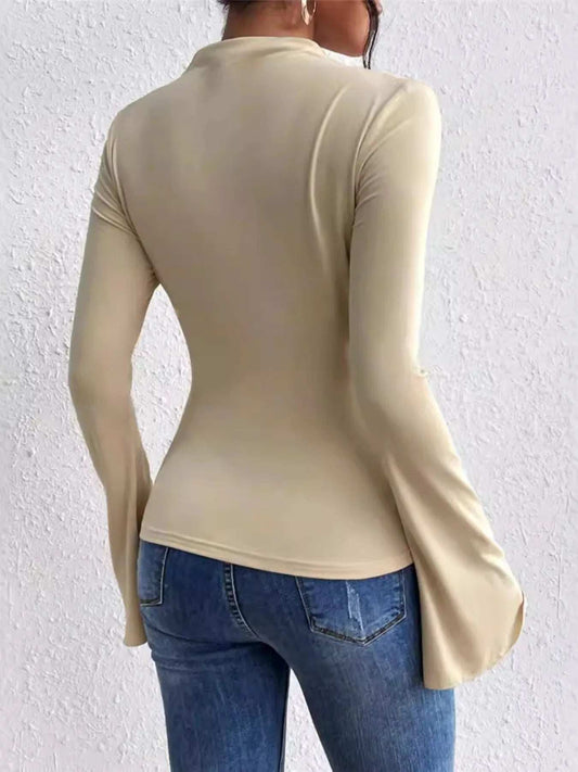Bell Sleeve Ruched Fitted T-Shirt with Mock Neck - Trendsi - Flyclothing LLC