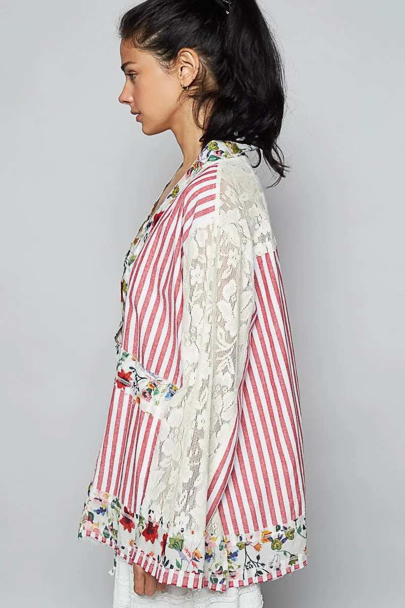 POL Lace Long Sleeve Striped Cardigan with Floral Patchwork Detail - Trendsi - Flyclothing LLC