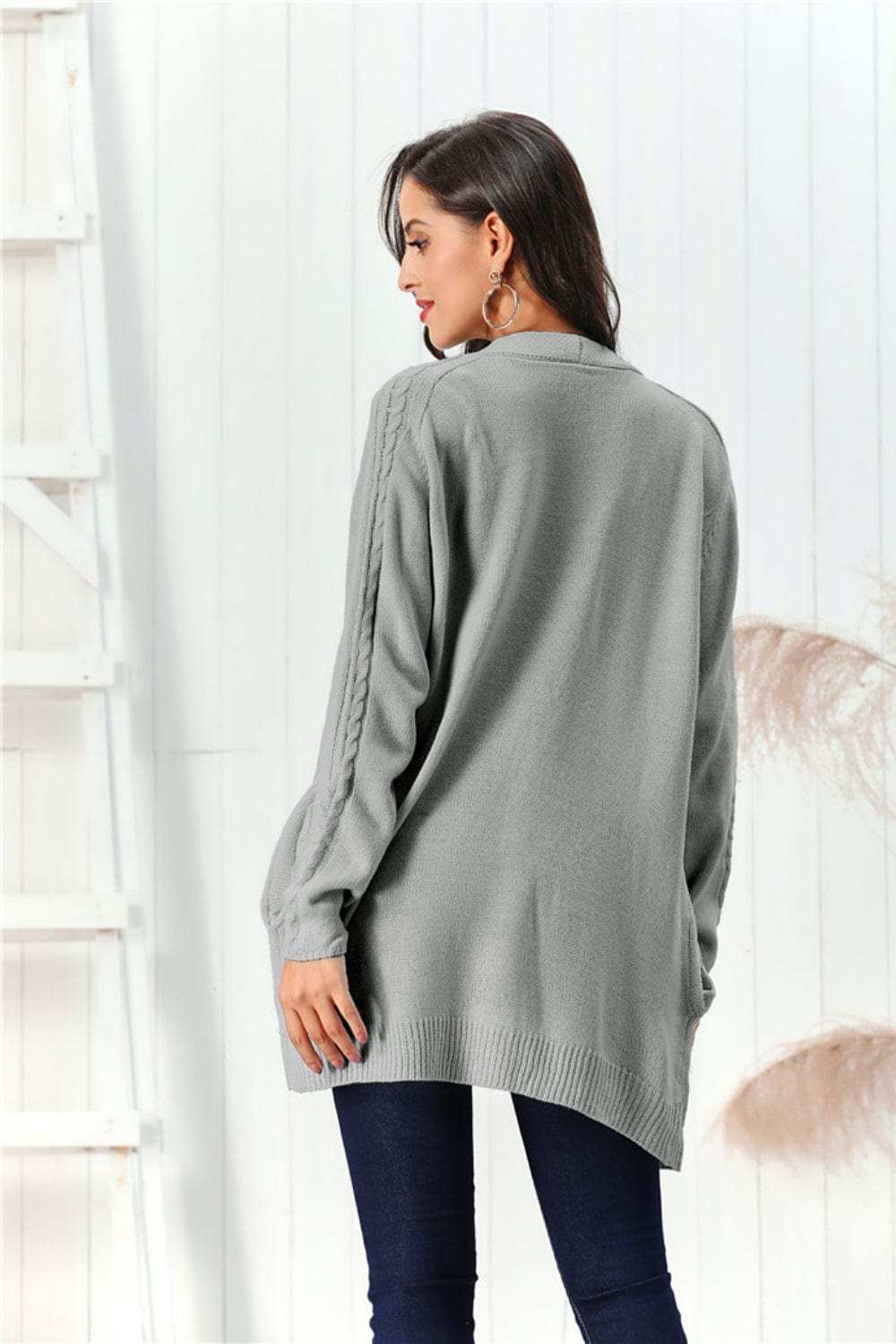 Cable-Knit Open Front Long Sleeve Cardigan - Trendsi - Flyclothing LLC