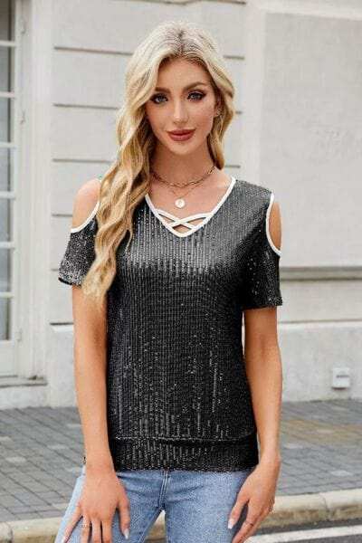 Sequin Crisscross V-Neck Cold Shoulder Blouse - Trendsi - Flyclothing LLC