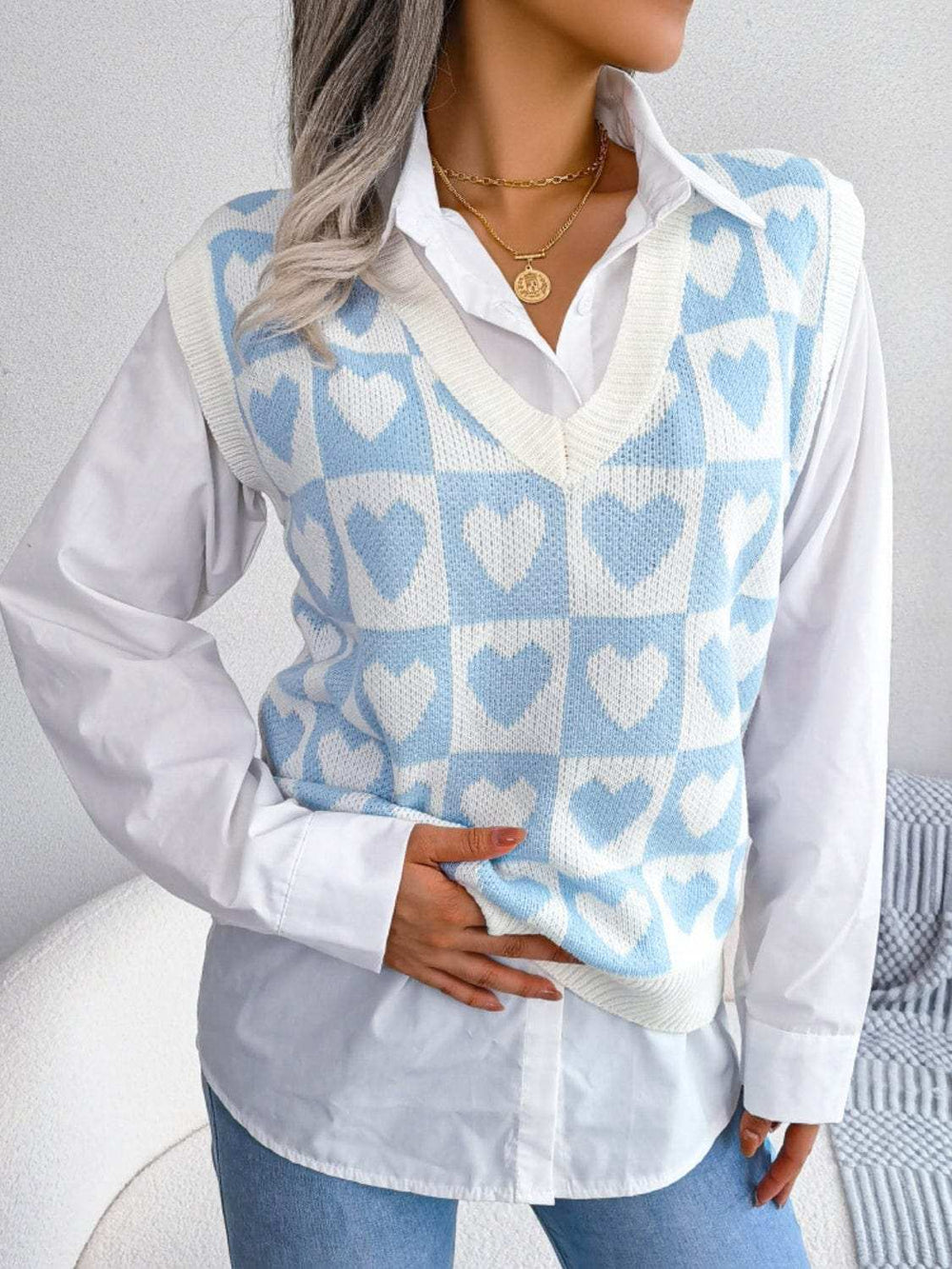 Heart V-Neck Sweater Vest - Trendsi - Flyclothing LLC