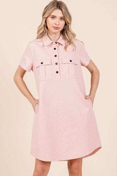 Mittoshop Button Detail Collared Neck Short Sleeve Shirt Dress - Trendsi - Flyclothing LLC
