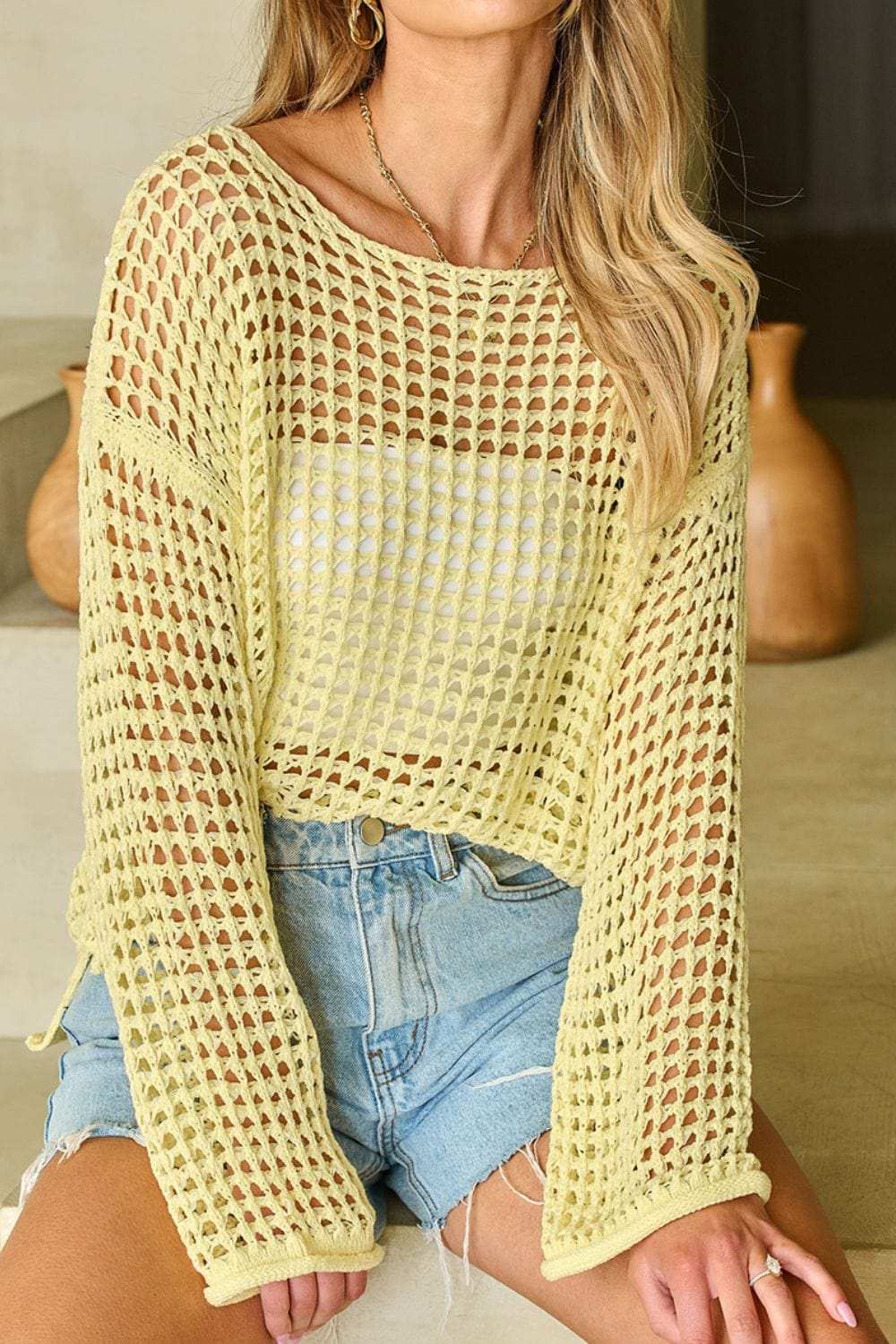 Openwork Round Neck Dropped Shoulder Knit Cover Up - Trendsi - Flyclothing LLC