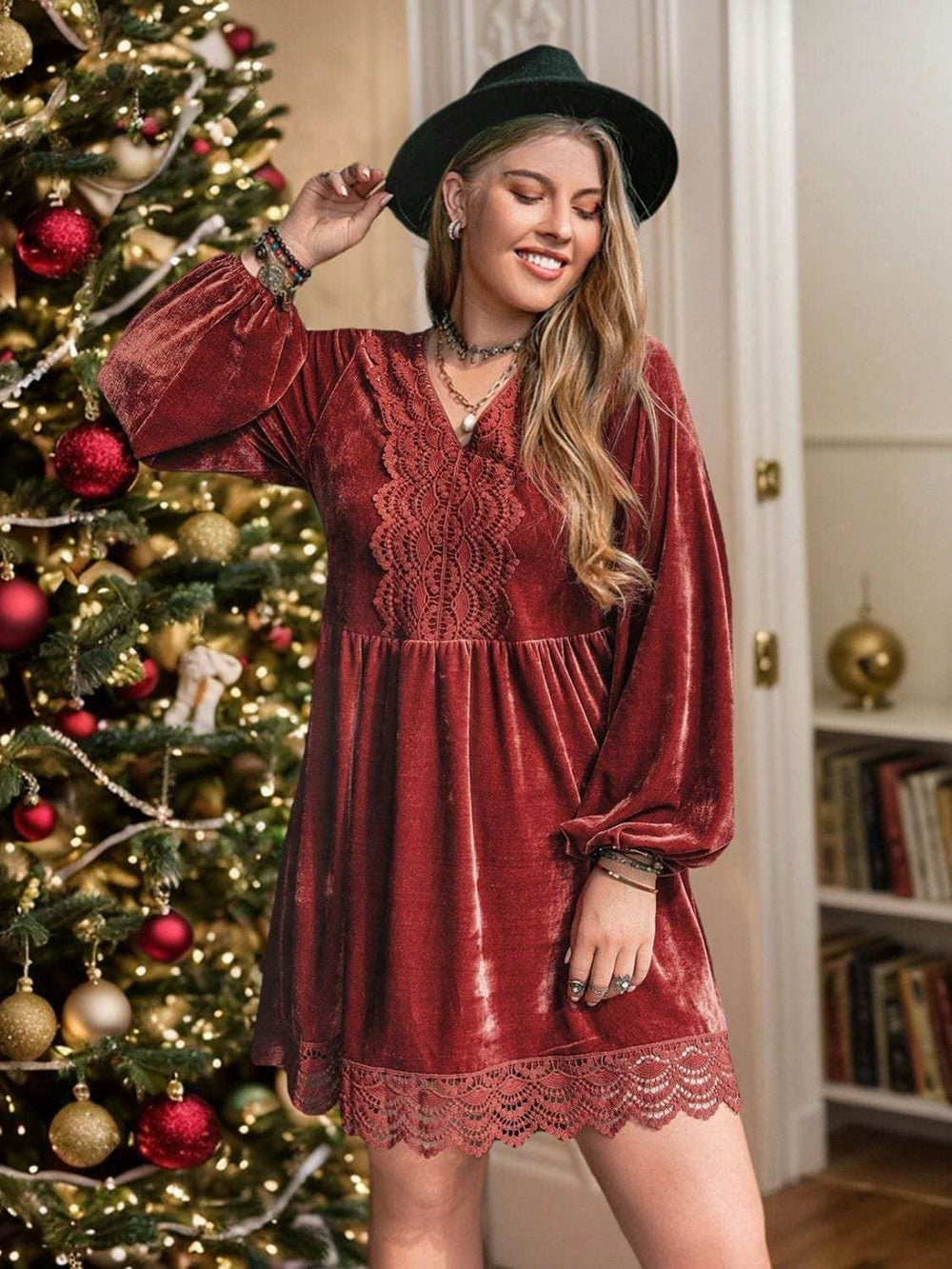 Plus Size Lace Detail V-Neck Long Sleeve Mini Dress - Trendsi - Flyclothing LLC